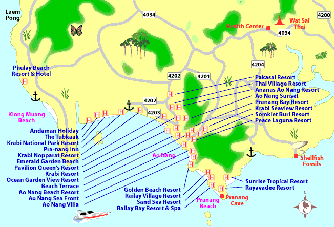 map of krabi town - ao nang beach, thailand travel map